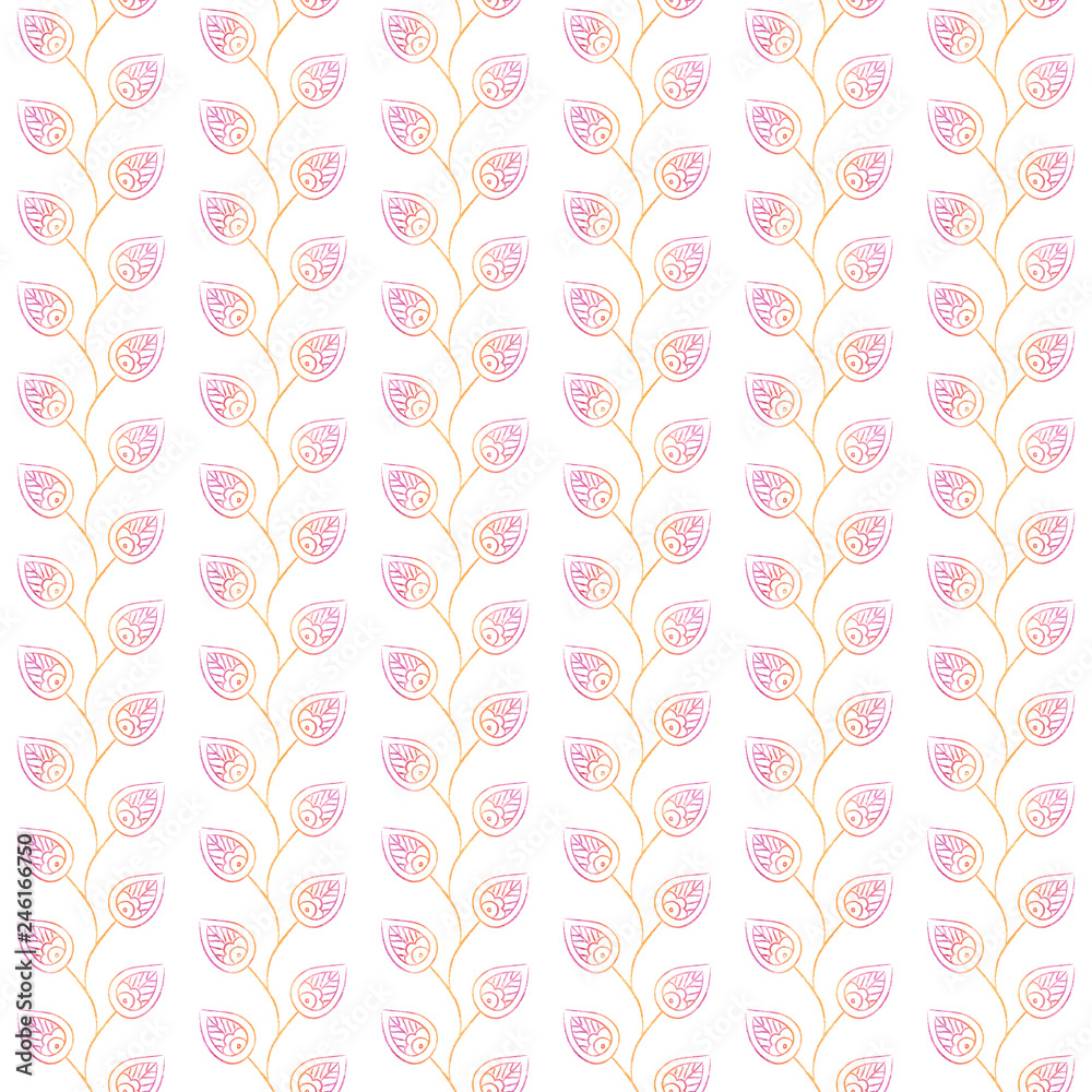 traditional Indian mehndi seamless pattern with watercolor pink-orange texture and white background