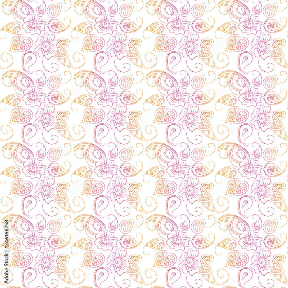 traditional Indian mehndi seamless pattern with watercolor pink-orange texture and white background