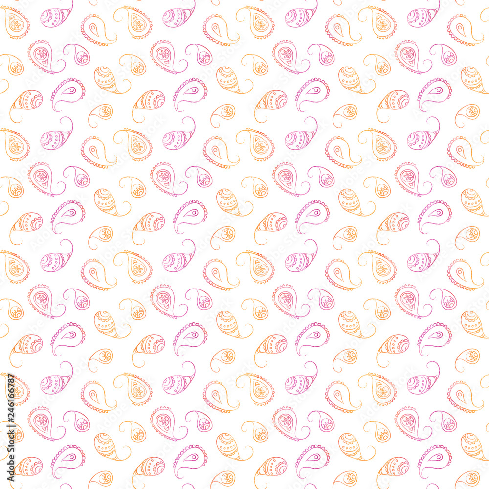 traditional Indian mehndi seamless pattern with watercolor pink-orange texture and white background