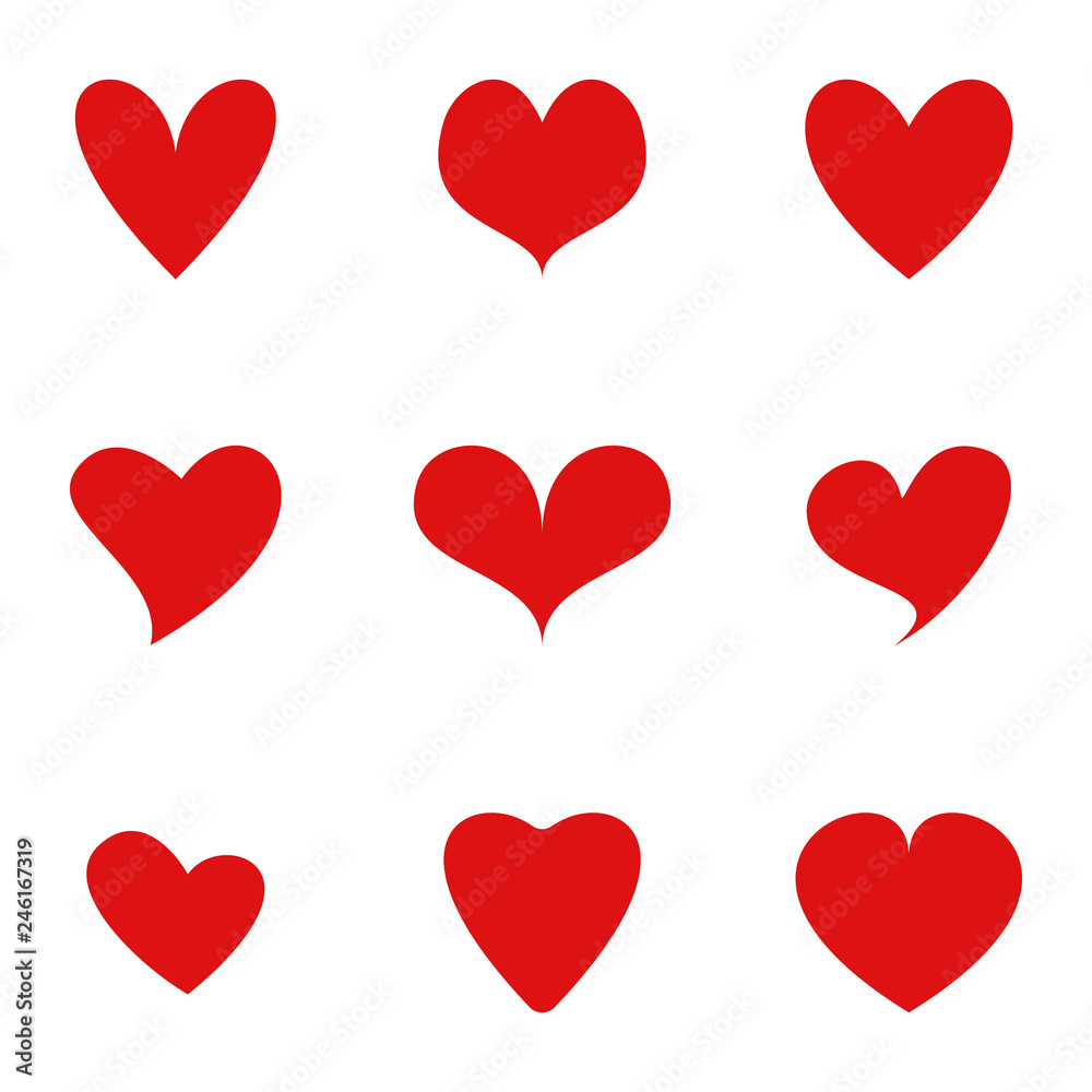 Vector set of red isolated hearts icons on white background. Valentine's day design elements