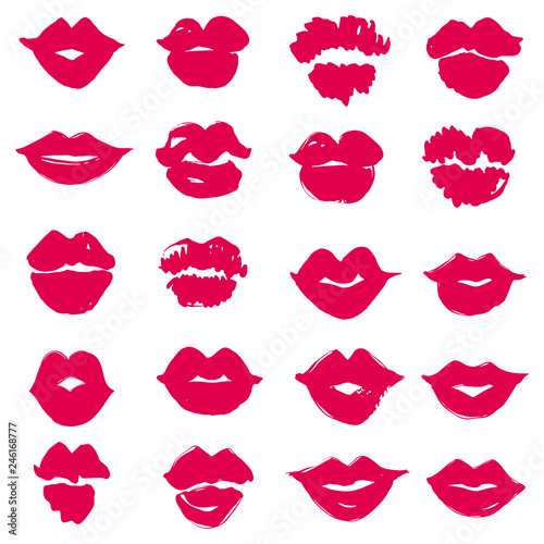Set of Vector female lips. Lipstick kiss print isolated.