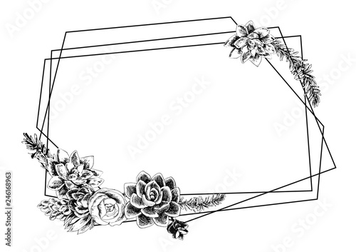 Geometric frame with succulents, hand-drawn with mascara and feather, botanical illustration. Wedding Card Invitation