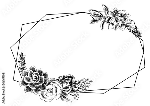 Geometric frame with succulents, hand-drawn with mascara and feather, botanical illustration. Wedding Card Invitation