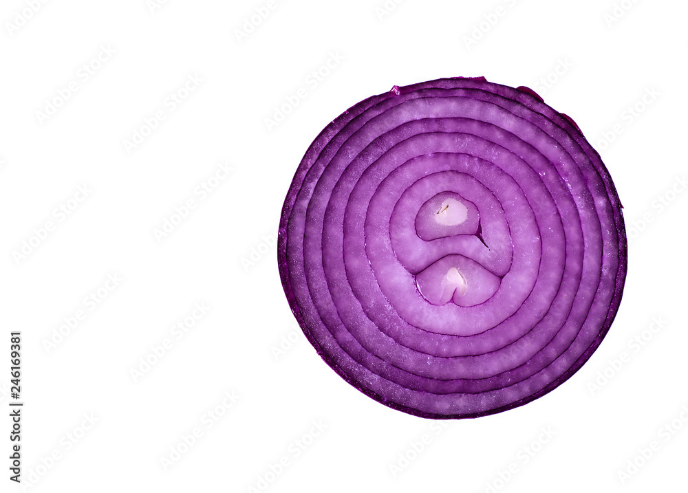 Violet onion slice on a white background, top view Violet onion slice on a white background, top view