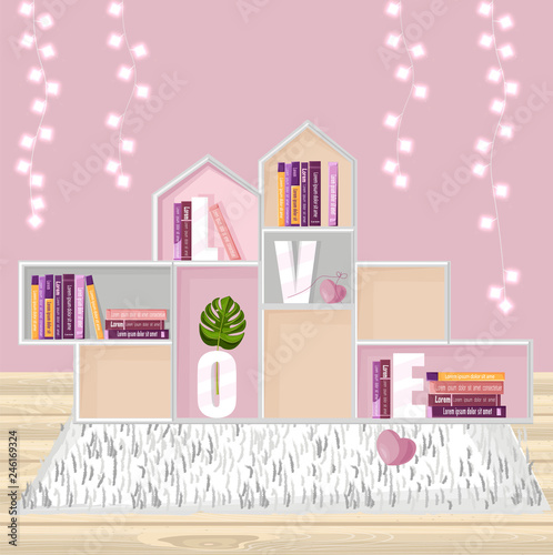 Abstract shelves for books decor Vector. Modern design. Flat styles