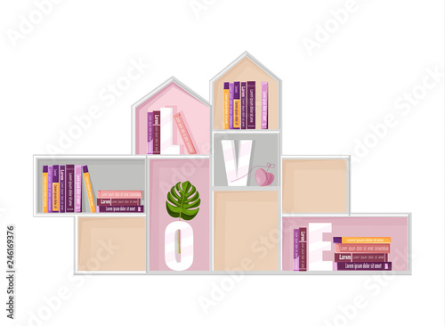 Abstract shelf books decor Vector. Modern design. Flat styles