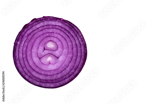 Violet onion slice on a white background, top view