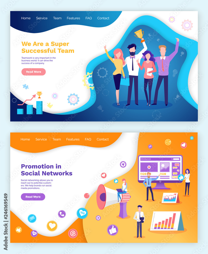 Successful team, promotion in social networks set with text sample vector. Computer screen with charts and data, developers and optimization tricks Successful team, promotion in social networks set with text sample vector. Computer screen with charts and data, developers and optimization tricks