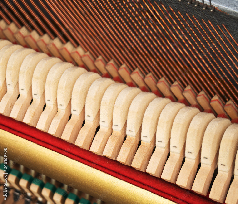 Obraz premium Close-up view of hammers and strings inside the piano.
