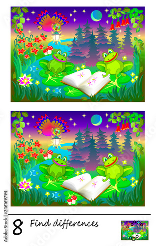 Logic puzzle game for children and adults. Need to find 8 differences. Printable page for baby book. Developing skills for counting. Vector cartoon image.