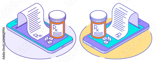 A doctor online writes the medical prescription, pill bottles on the smartphones, rx from the screen. Line isometric illustration. The telehealth, telemedicine, online medicine outline vector concept.