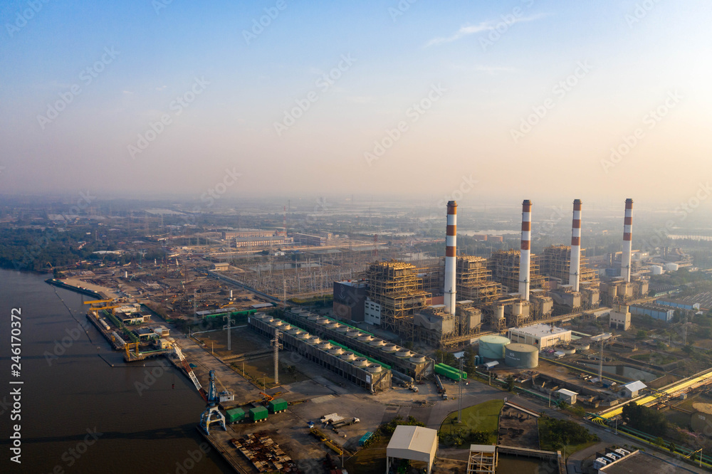 Obraz premium Aerial view. Power plants, industrial power, water and thermal energy