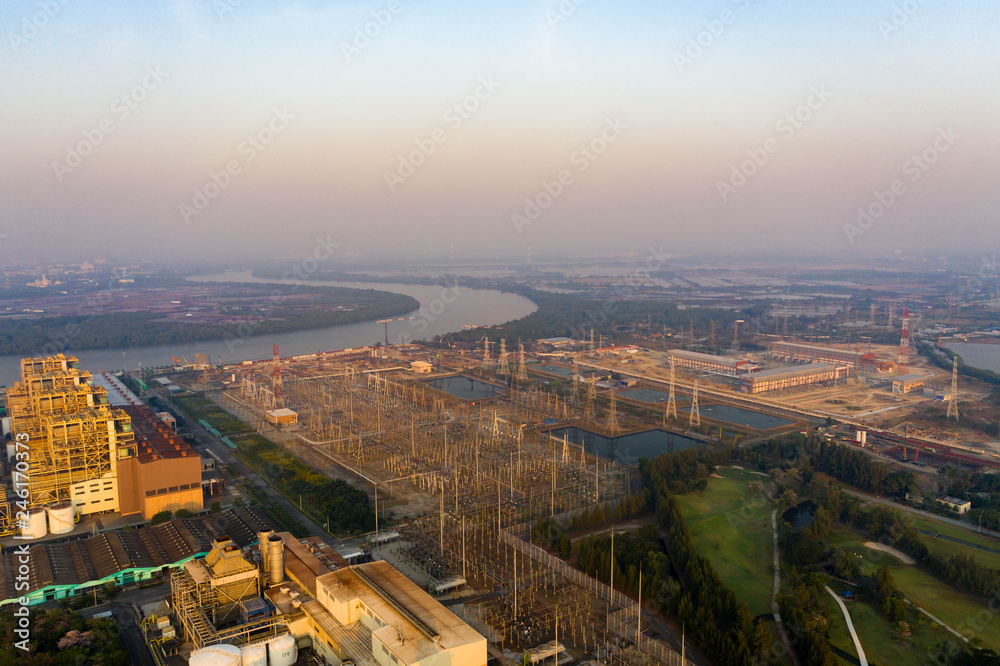 Aerial view. Power plants, industrial power, water and thermal energy