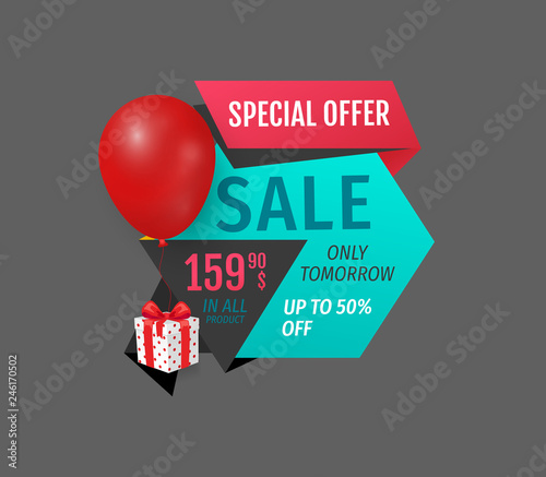 Special offer, exclusive product price reduction isolated banner. Inflatable balloon and present from shop, sellout and clearance, store promotion