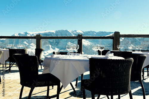 Alpine outdoor restaurant at ski resort in Alps, France