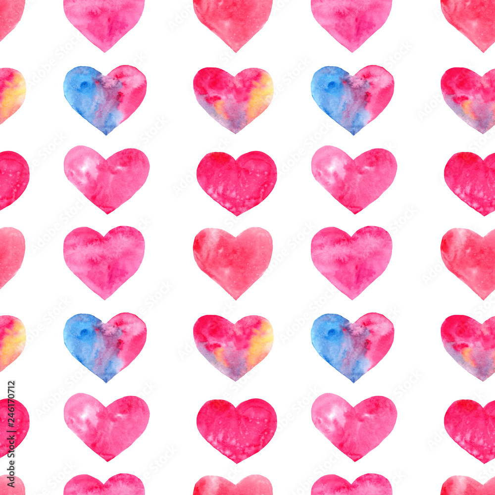 watercolor hand drawn multicolored heart seamless pattern on white background. Good for Valentine's day, wedding, fabric, paper