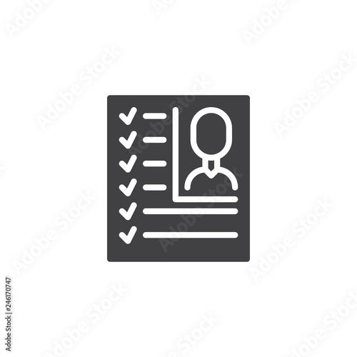 CV document vector icon. filled flat sign for mobile concept and web design. Resume simple solid icon. Manager Check List symbol, logo illustration. Pixel perfect vector graphics