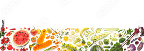 Banner from various vegetables and fruits isolated on white background, top view, creative flat layout. Concept of healthy eating, food background.