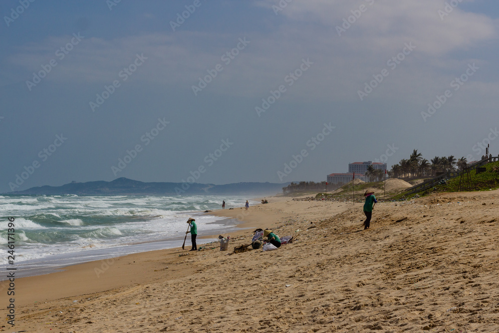 Beach pollution, plastic and waste from ocean on the beach