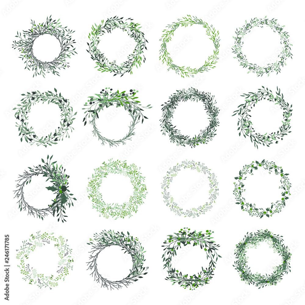 Wreath of leaves, plants, branches and flowers