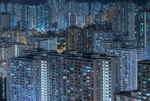 Crowded residential buildings in Hong Kong city at night