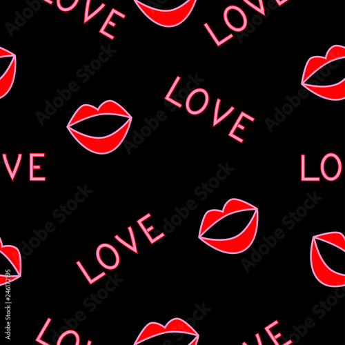 Seamless pattern of women's lips and inscriptions of love on the fabric, workpiece, etc.