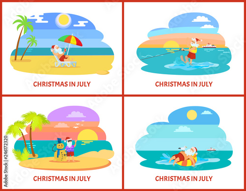 Christmas in July with Santa laying on chaise-lounge with parasol and standing with snowman, going on water skiing on sunset view vector holiday postcard