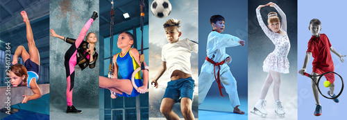 Sport collage about teen or child athletes or players. The soccer football, figure skating, tennis, karate martial arts, rhythmic gymnastics. Little boys and girls in action or motion