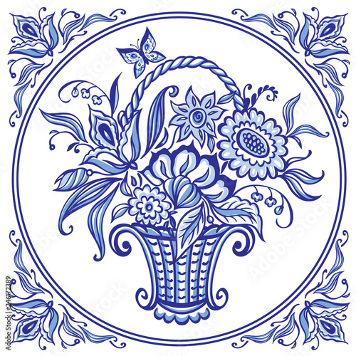 A basket with flowers in blue colors in a patterned frame, Delft style tile, Gzhel painting, Chinese porcelain, vector illustration, decor for various designs.