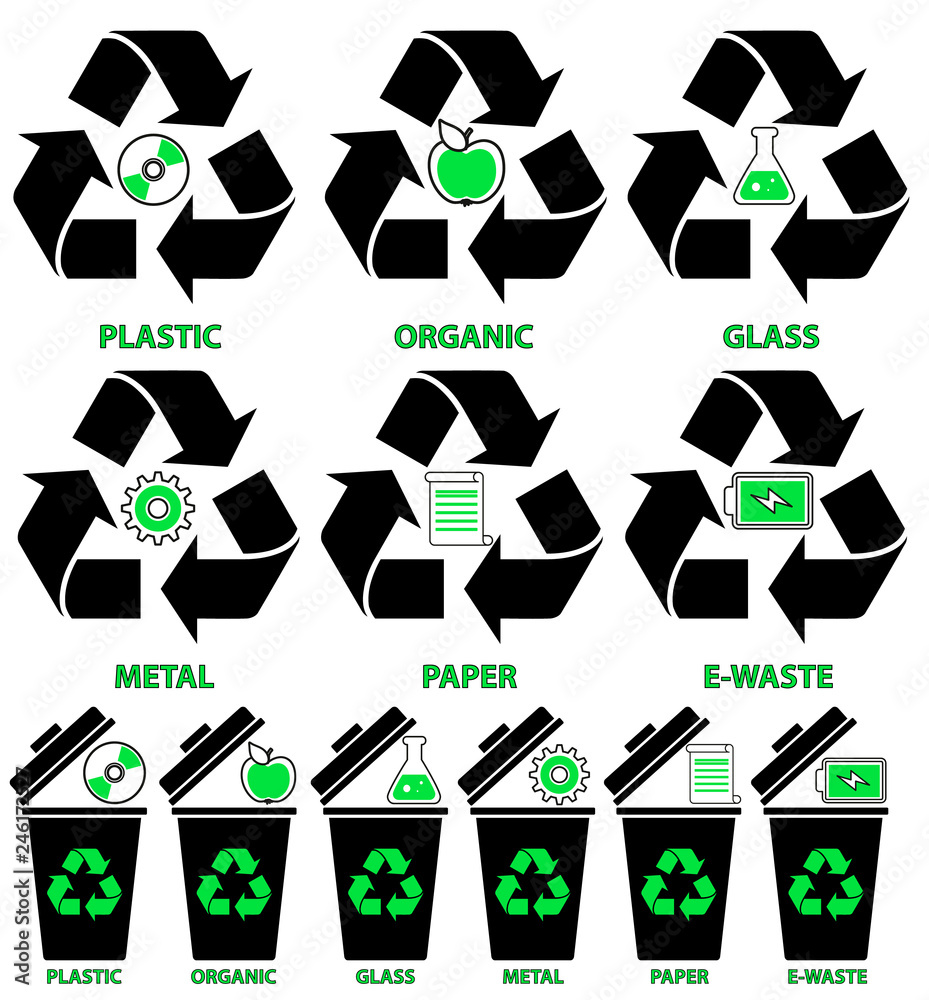 Obraz premium Recycling Symbols and Waste Bins Icon Set for Sorting Green