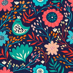 Stickers Vintage bloemen patronen Bloemen en vogels botanisch patroon  © lilett