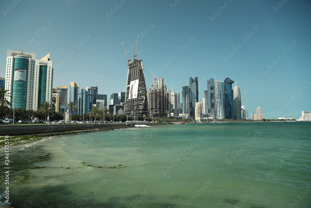Corniche embankment in financial district in Doha, Qatar