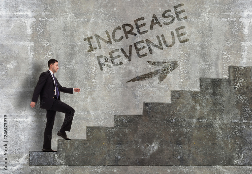 Business, technology, internet and networking concept. A young entrepreneur goes up the career ladder: Increase revenue Business, technology, internet and networking concept. A young entrepreneur goes up the career ladder: Increase revenue