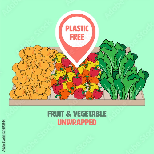 Unwrapped fresh fruit and vegetable on shelf, with location icon as a gimmick. Plastic free supermarket concept. Vector illustration. 