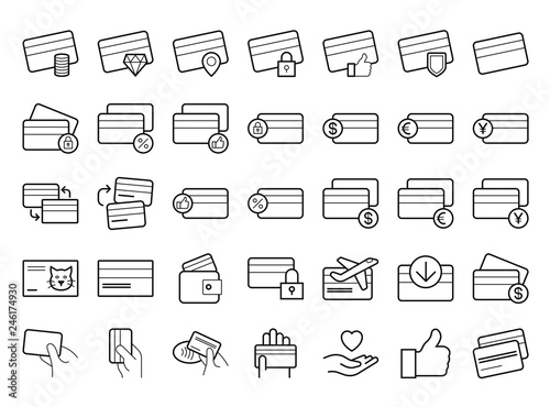 Credit Card line icon set. Vector line art illustration, white background.