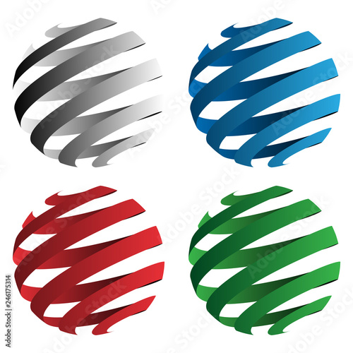 Spiral ribbon 3D sphere geometric shapes vector illustration isolated in black, red, blue and green