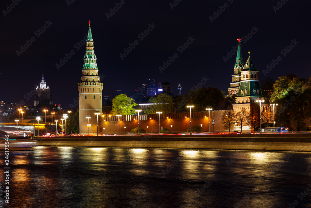 Towers of Moscow Kremlin at night with illumination. City landscape