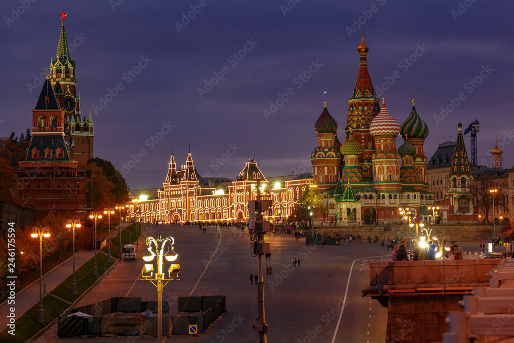 View of Moscow Kremlin and St. Basil Cathedral on Red Square at night. Moscow historical center landscape