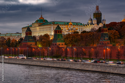 Architecture of Moscow Kremlin in evening against dramatic cloudy sky