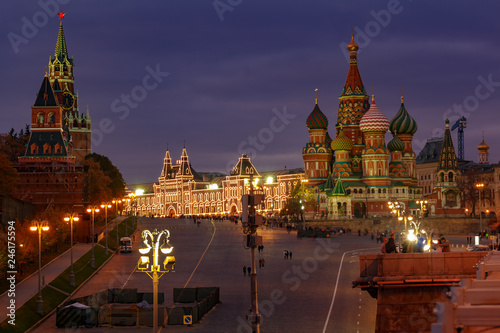 View of Moscow Kremlin and St. Basil Cathedral on Red Square at night. Moscow historical center landscape