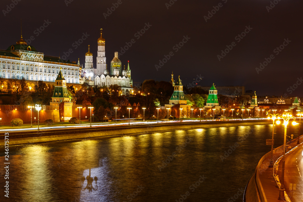 View of Moskva river and Moscow Kremlin at night. Urban landscape