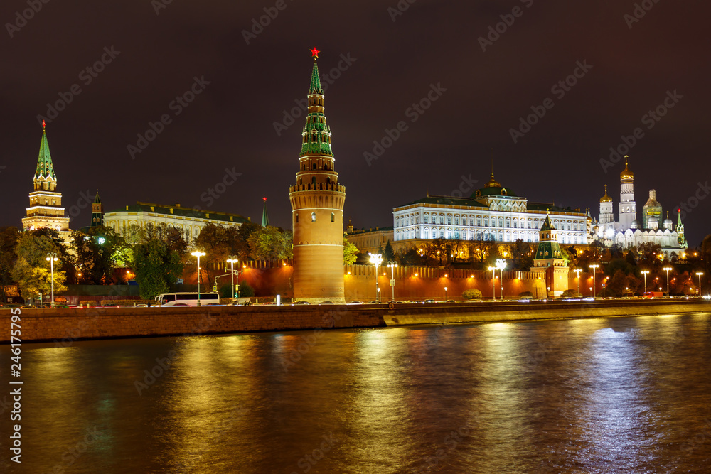 Moskva river and Moscow Kremlin with night illumination. Landscape of Moscow historical center