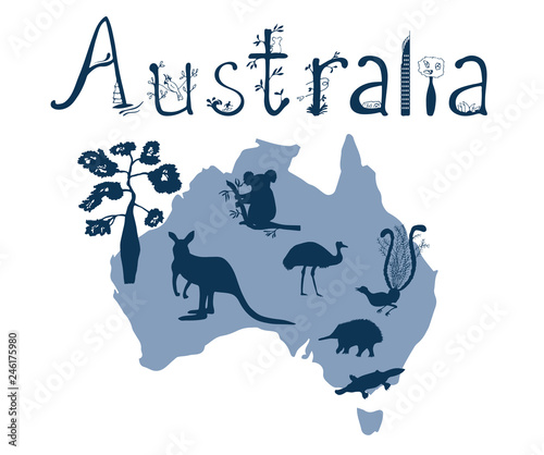 Vector outline of Australia with Australian animals silhouettes and a hand-drawn word of Australia photo