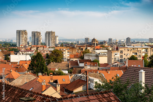 View of Belgrade and Zemun in Serbia from Gardos Tower, panorama of the Danube River with Veliko Ratno Ostrvo in the background in summer