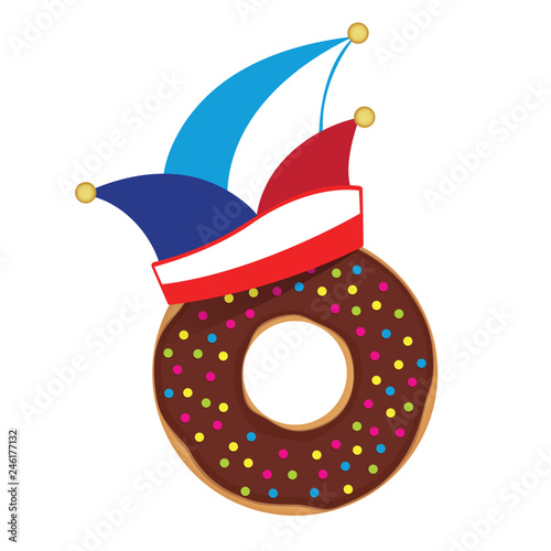 chocolate donut with colorful sprinkles and carnival hat vector illustration EPS10