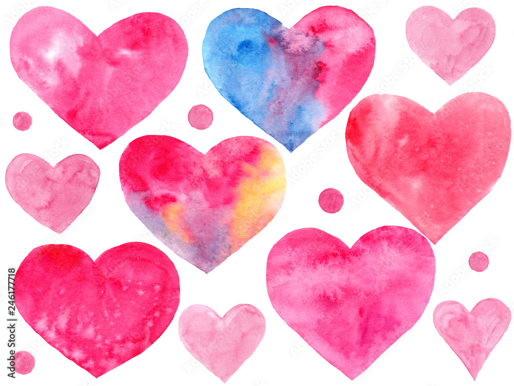 Watercolor hand drawn set with pink and multicolored hearts and round isolated on white. Good for Valentine's day, love, wedding, romantic cards