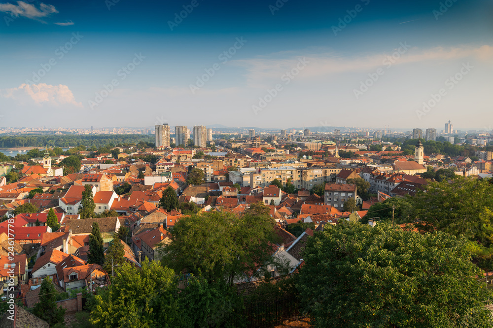 View of Belgrade and Zemun in Serbia from Gardos Tower, panorama of the Danube River with Veliko Ratno Ostrvo in the background in summer