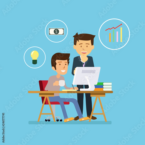 Stock vector of young businessman working with team on creative idea project for analyzing company financial strategy. Concept picture for office and business project plan.