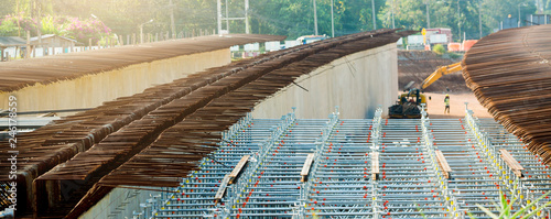 Construction fabrication steel reinforcement bar at the bridge construction site photo