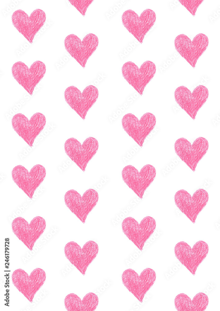 coloured pencil seamless pattern pink romantic heart design for valentine's day, illustration background